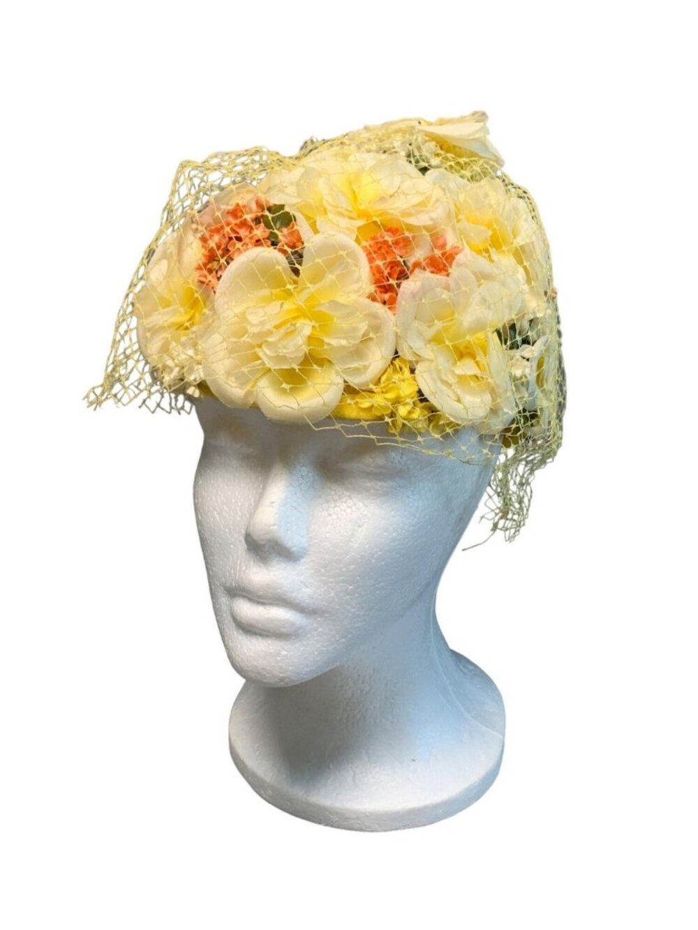1950s Floral Net Hat with Yellow Veil Union Made 23"